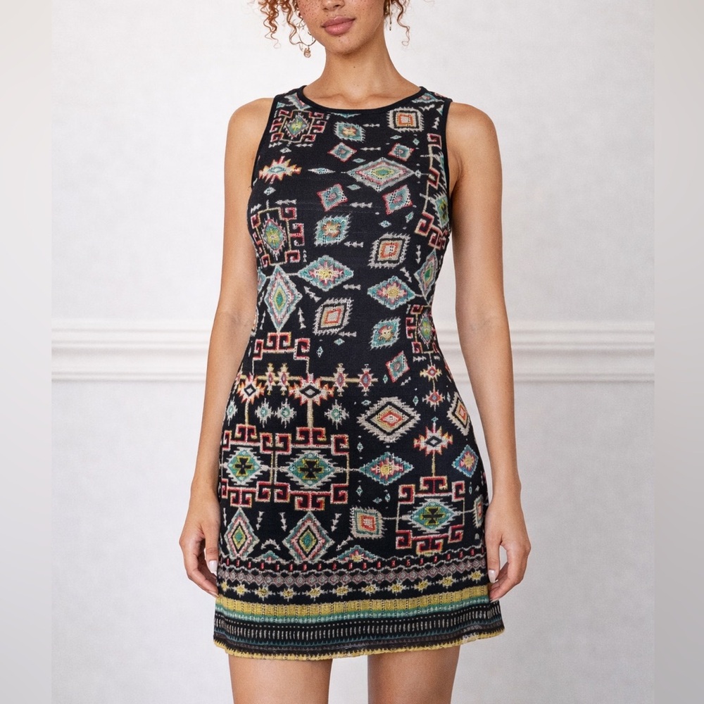 Sleeveless Black Aztec-Print Knit Dress